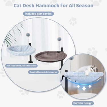 Кішка ліжко на стіл Odoland - 360° обертається та регулюється по висоті, м'яка гамак для котів з 2 знімними чохлами, місце для сну для дому/офісу - для цілорічного використання (Сірий)