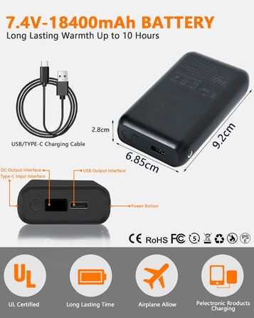 Обогрівальний жилет для чоловіків з Powerbank 7.4V 18400mAh, зимовий жилет з м'якої бавовни, 3 режими нагріву для катання на лижах, мотоциклі, полювання, риболовлі, чорний