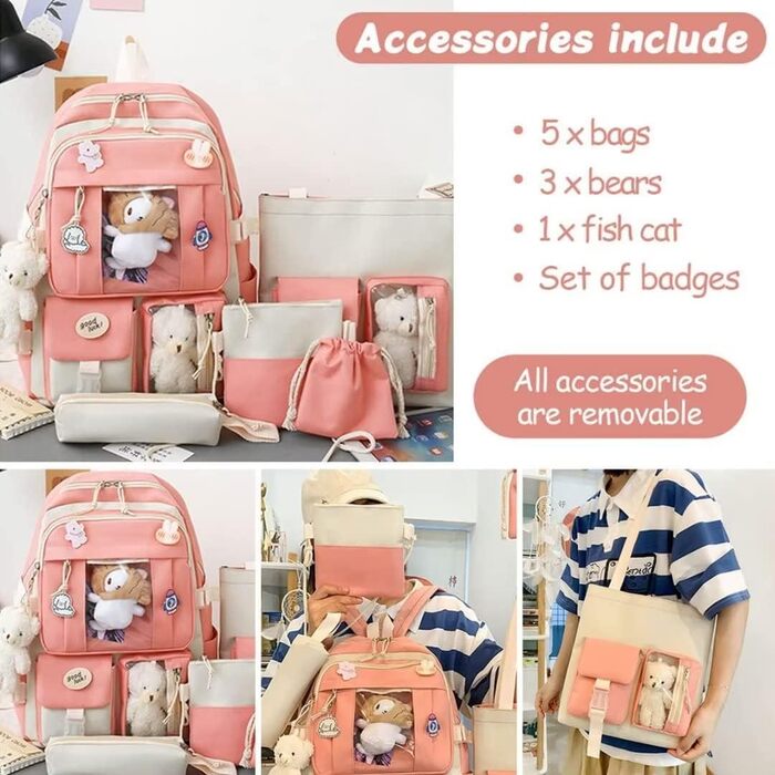 Японський рюкзак Kawaii з милим аксесуаром, 5-ти частинний набір, великий рюкзак Harajuku з брезенту, трендовий рюкзак для школи, коледжу, подорожей, з нашивками, для дівчат (рожевий)
