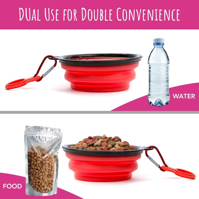 Складаний миска для собак TDL, 350 мл, червоний. Зручна для подорожей, з карабіном та тримачем для пляшки. Підходить для собак та котів.