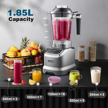 AMZCHEF 2-in-1 Mixer High-Performance Blender with 1850ml and 600ml Containers for Two Mixing Modes | Stand Mixer 2000 Watt with Tamper and 6 Professional Blades 22000 RPM - Matte Gray 2000W Matte Gray