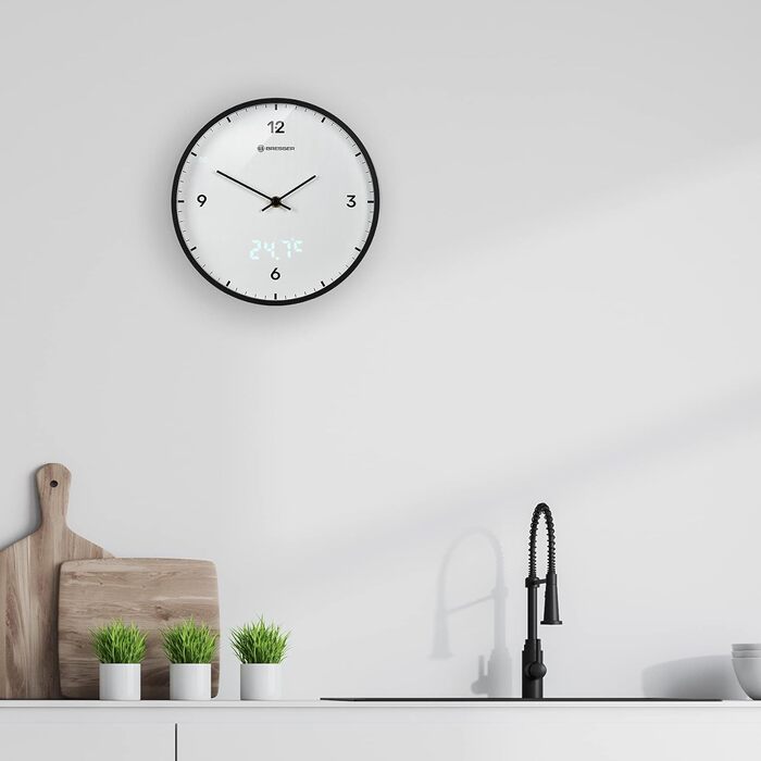Bresser MyTime Wall Clock with Radio Control, No Ticking Sound, 24 cm Dial, LED Second Display, Indoor Temperature, and Silent Radio Movement, (White)