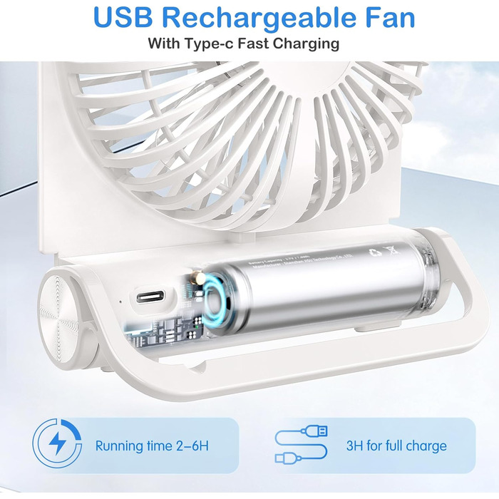 EasyAcc USB вентилятор: мініатюрний, тихий, настільний з гарантією 2 роки. Потужний, з 3 швидкостями, поворот на 360 градусів. Ідеальний для офісу, дому, робочого столу. (Білий, прямокутний, акумулятор 4000mAh)