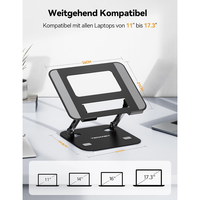 Підставка для ноутбука TECKNET, регульована по висоті, ергономічна, складна, портативна, з вентиляцією, сумісна з ноутбуками та планшетами 11-17.3 дюймів (чорна)
