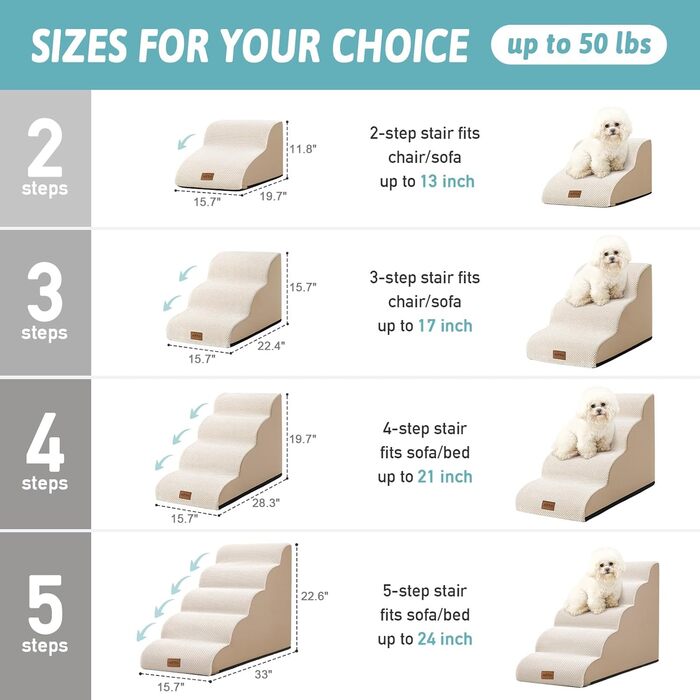 Dog Stairs for Small Dogs 50cm, Pet Stairs for Bed made of High-Density Sponge, Dog Stairs Dog Ramp with Washable Cover and Non-Slip Bottom, 40x72x50cm, 4 Steps, Beige