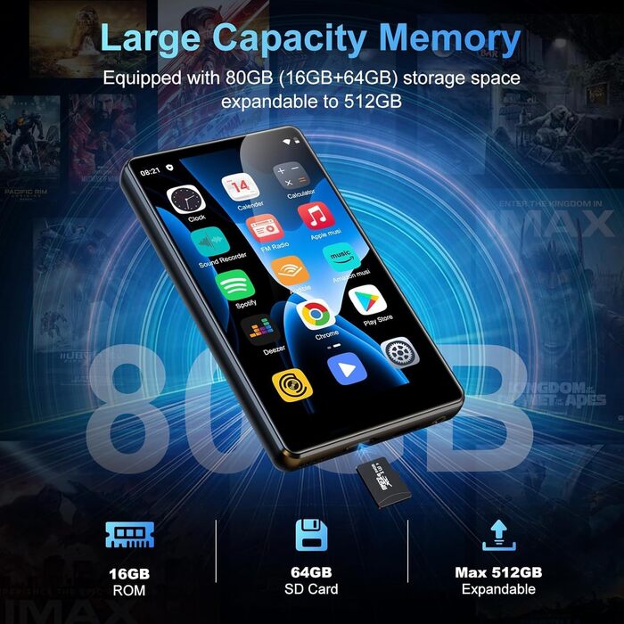 MP3 плеєр SWOFY 80GB з Bluetooth та Wi-Fi, 4.0