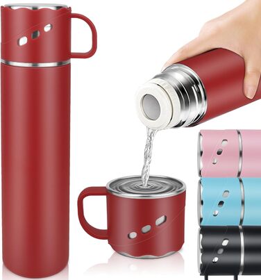 Термокухоль-термос із нержавіючої сталі 550 мл з кришкою-чашкою та ручкою, вакуумний термос 12 годин гарячим / 12 годин холодним, нековзний термос для кави в дорогу для спорту, роботи, школи, авто (червоний)