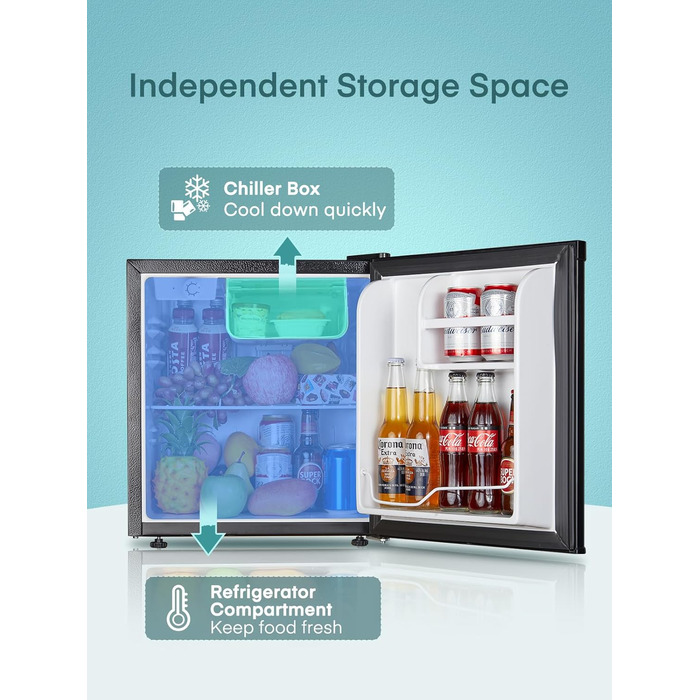 Міні холодильник 46 л з відділенням для льоду, тиха робота 42 дБ, регулювання температури, для кухні, офісу, спальні, готелів та маленьких квартир (колір нержавіюї сталі)