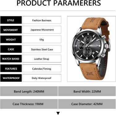 Чоловічий годинник MEGALITH з нержавіючої сталі, хронограф, водонепроникний, великий аналоговий годинник для бізнес-стилю, з календарем та світловим покриттям, коричневий/срібний