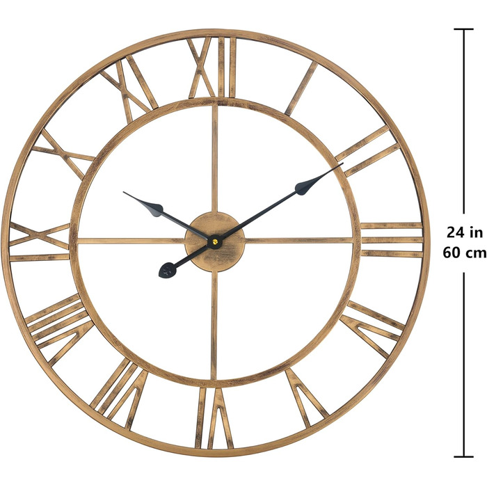 Large European Industrial Vintage Wall Clock with Roman Numerals, Silent No Ticking Sounds Metal Wall Clock, Decorative Wall Clock for Living Room, Kitchen, Bedroom - (Bronze, 60cm)