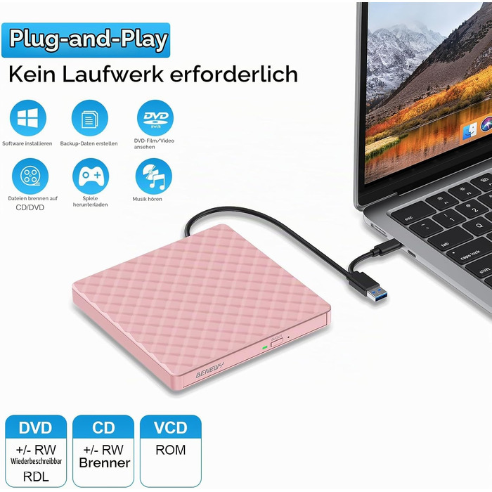 Зовнішній DVD-привід USB 3.0 та USB-C, CD/DVD гравір для ноутбука та ПК (Windows, Mac OS, Linux), Рожевий
