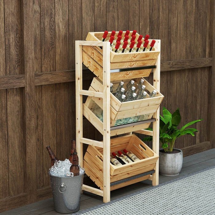 Outsunny Beverage Crate Shelf for 3 Beverage Crates, Wooden Crate Shelf with 3 Tiers, Freestanding Beverage Crate Holder, Holds 150kg, Crate Stand for Beer, Water, 56 x 32 x 112 cm Natural Wood | Aosom