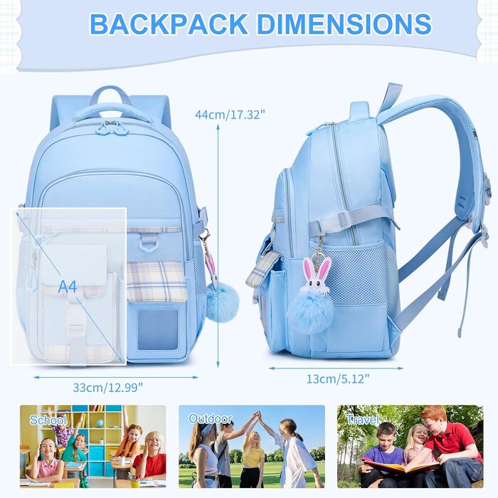 Сумка для школи для дівчаток - велика містка рюкзак Каваї з відділом для ноутбука для учнів початкової та середньої школи, блакитний