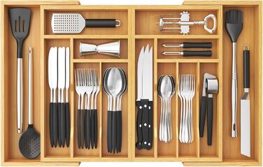 Lifewit Bamboo Cutlery Box, Large Cutlery Insert for Drawer, Adjustable Cutlery Box Expandable to 36 Inches Wide, 11-13 Compartments, Utensil Holder for Spoons/Forks/Knives, Natural Color