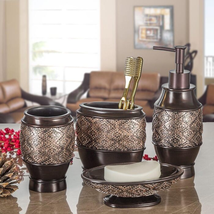 Creative Scents Brown Bathroom Accessory Set, 4-Piece Bathroom Decor Set, Decorative Bathroom Set with Soap Dispenser, Soap Dish, Tumbler, and Toothbrush Holder for Vanity Countertop