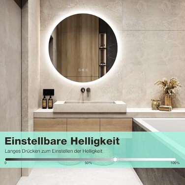 Круглий дзеркало для ванної кімнати з підсвічуванням, 80 см, 3 кольори світла, диммування, антизапар, сенсорне управління, функція пам'яті, LED, енергозбереження