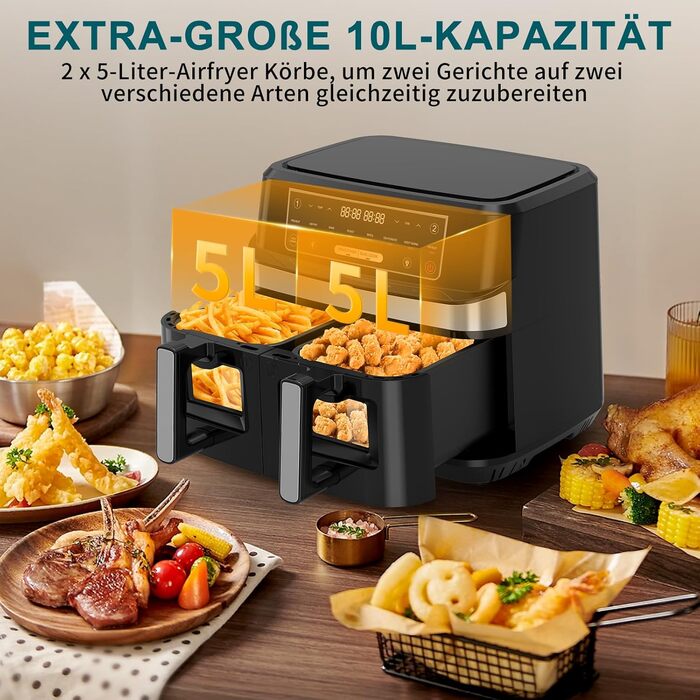 Фритюрниця повітряна з 2 камерами та вікном, 10л XXL, 8-в-1, сенсорний дисплей, таймер, без олії, здорове приготування