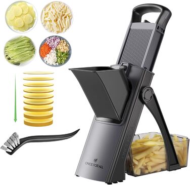 Мандоліна-слайсер ONCE FOR ALL Upgrade: безпечний, великого розміру, з регульованою насадкою для овочів та продуктів, для нарізки картоплі фрі, знімні леза (чорний/сірий)