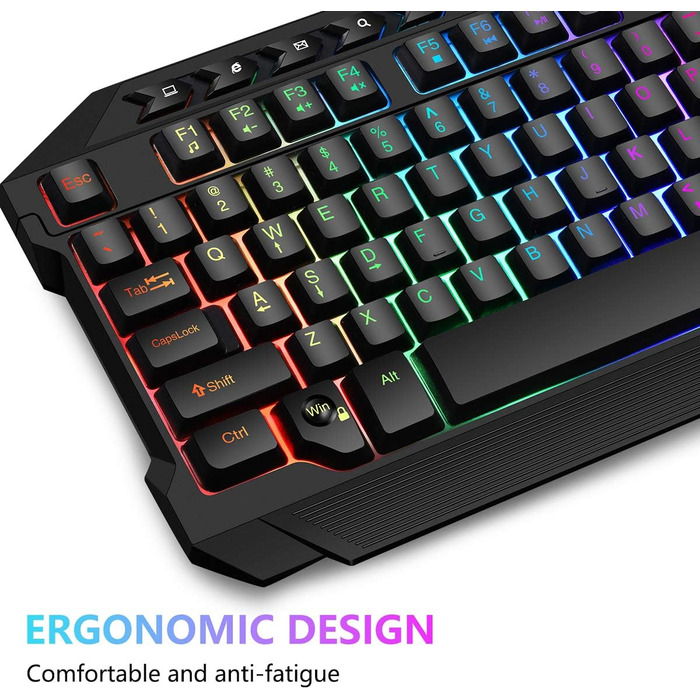 BAKTH Комплект клавіатури та миші для геймінгу, LED підсвічування, QWERTZ, USB, водостійкий, 3600 DPI, для PC геймерів (US Layout)