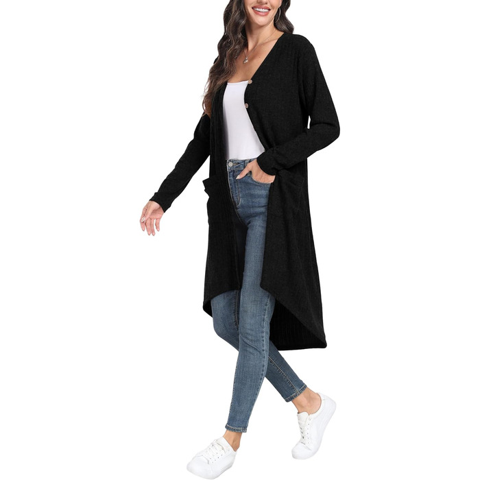 Кардиган жіночий Grecerelle, довгий, легкий, чорний, з ґудзиками та V-подібним вирізом