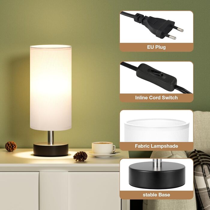 Нічна лампа Kakanuo з 3 колірними температурами, біла, з вимикачем, абажур з льону, для вітальні, спальні, офісу, дитячої кімнати (LED лампа в комплекті), колір A-білий+чорний