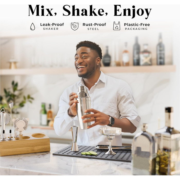 Набір бармена Mixology Barkeeper-Set для коктейлів та мартіні (14 предметів) з підставкою та рецептами. Професійний шейкер для барменів, подарунковий набір 0.7л