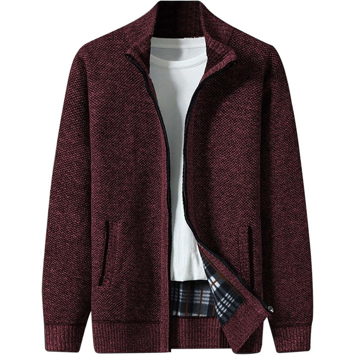 Кардиган чоловічий з кишенями, чоловіча в'язана куртка на блискавці, світшот без капюшона, куртка-світшот однотонна флісова, теплий кардиган на осінь (XXL, бордовий)
