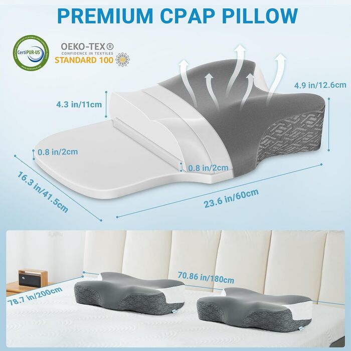 Подушка CPAP Elviros з піни Memory Foam для сну на боку, регульована по висоті та жорсткості, сумісна з масками, сіра (Нейлон, Еластан)