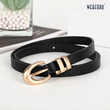 Жіночі шкіряні ремені WERFORU (2 шт.) - тонкі ремені для джинсів, штанів, суконь. Розмір 99-114 см. Золотисті та сріблясті пряжки. Чорний + коричневий кольори