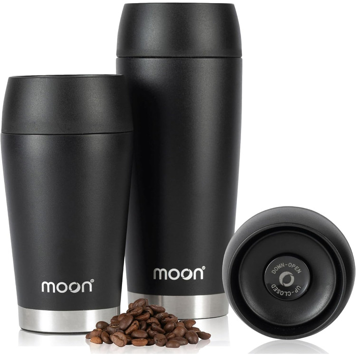 Moon 360° Thermobecher, Coffee Mug to Go Thermo, Travel Mug 300ml, Coffee to Go Becher, Insulated Leak-Proof Cup - BPA-Free, Double-Walled Stainless Steel, 100% Leak-Proof, 360° Drinking Opening, Black