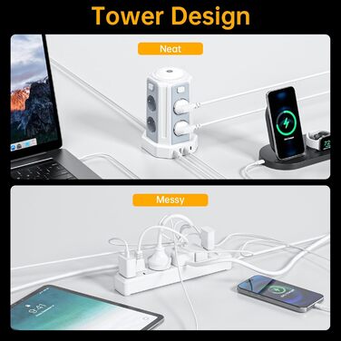 Многофункціональна мережева розетка з 8 розеток, 4 USB-портами та світлом, захист від перенапруги, 2м кабель, 16А, білий