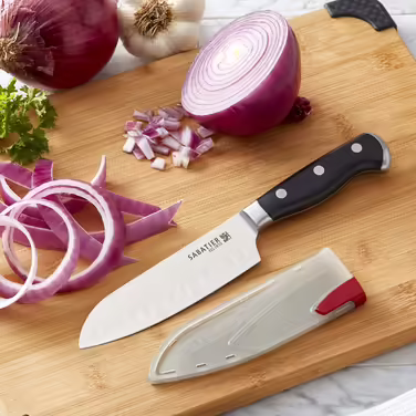 Кухонний ніж Santoku Sabatier, кований, трьохклепковий, самозаточувальний чохол, високовуглецева нержавіюча сталь, 12,7 см, для овочів та фруктів