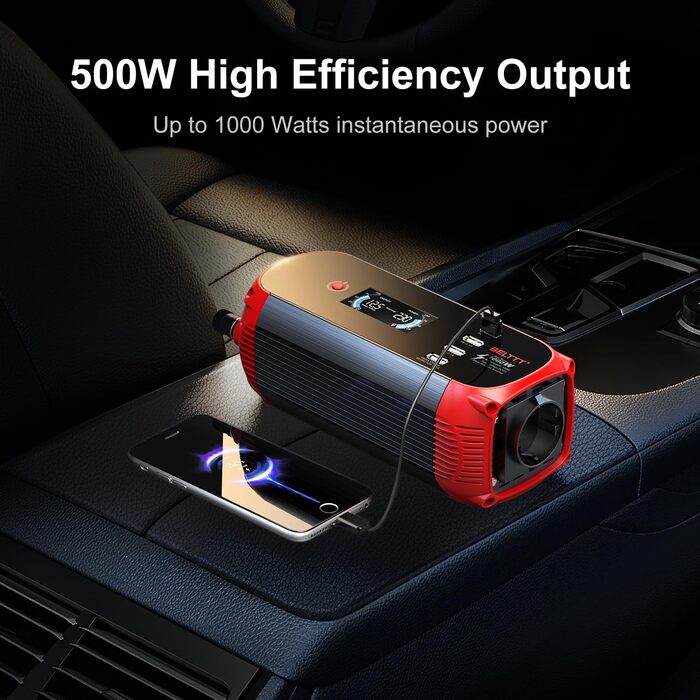 Автомобільний інвертор BELTTT 500W 12В-230В, 1000Вт пік, з LCD-дисплеєм, 4 USB, розетка EU для авто, кемпінгу, човна