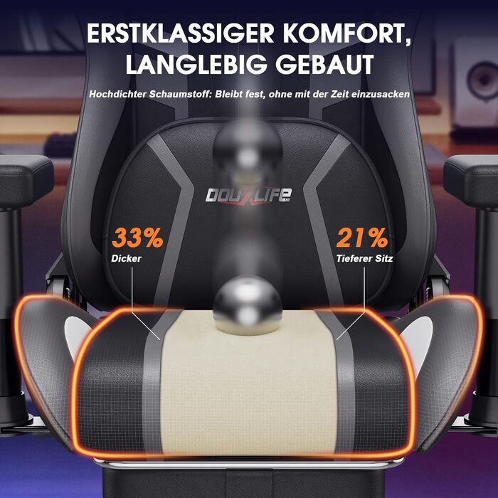 Ігровий крісло Douxlife з масажем та підігрівом, ергономічний офісний крісло з підніжкою, регулювання 90°-175°, підлокітники 2D, для геймерів, 181 кг, сірий