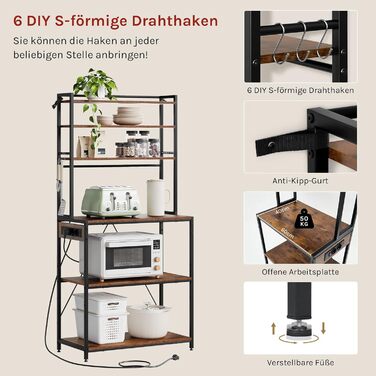 Кухонна полиця WOLTU з 6 ярусами, з розетками, для мікрохвильової печі, з металевим каркасом, регульовані полиці, Чорний+Рустик Браун, 60 x 167 x 40 см (Чорний+Вінтаж Браун, 80 x 39,5 x 167 см)