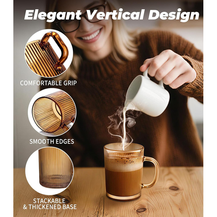 Набір з 4 чашок капучино 350мл, скляні, з рифленням, для лате/капучино/напоїв/кави/чаю - золоті