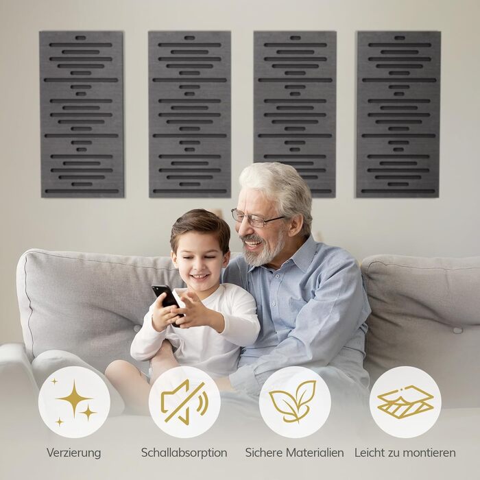 Акустичні панелі TONOR з дерев'яним шпоном, самоклеючі (4 шт, 60x30x4.7 см), звукопоглинаючі стінові панелі для обробки та декору вітальні або офісу, чорні