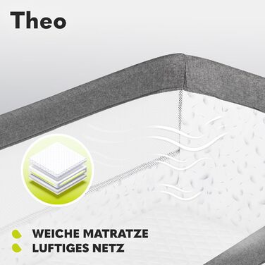 Lionelo Theo 2-in-1 Baby Cot, Travel Cot for Baby, Bedside Cot for Baby from Birth up to 9 kg, Height Adjustment, Recline Adjustment, Foldable Side Rail, Mattress, Mosquito Net (Grey) Grey 1 Piece (1-Pack)