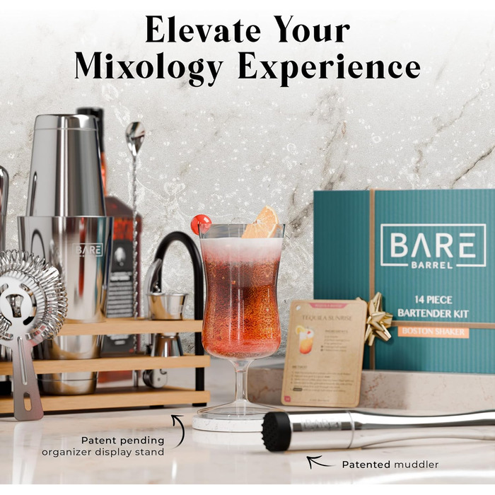 Bare Barrel® Cocktail Shaker Set - 14 Piece Mixology Bar Set with Boston Shaker, Martini Accessories, & Recipe Cards - Perfect Home Bar Gift Set