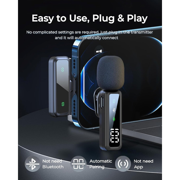 Мікрофон Handy – Петличний мікрофон сумісний з iPhone/Android/PC, магнітний лавел'єр з шумозаглушенням, для стрімінгу, влогів, YouTube та інтерв'ю (Чорний)