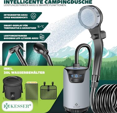 Соняшна душова кабіна KESSER® з насосом та акумулятором 8000mAh | 20L комплект для кемпінгу з регульованим душем, шлангом 2м, пістолетом-розпилювачем та кріпленням