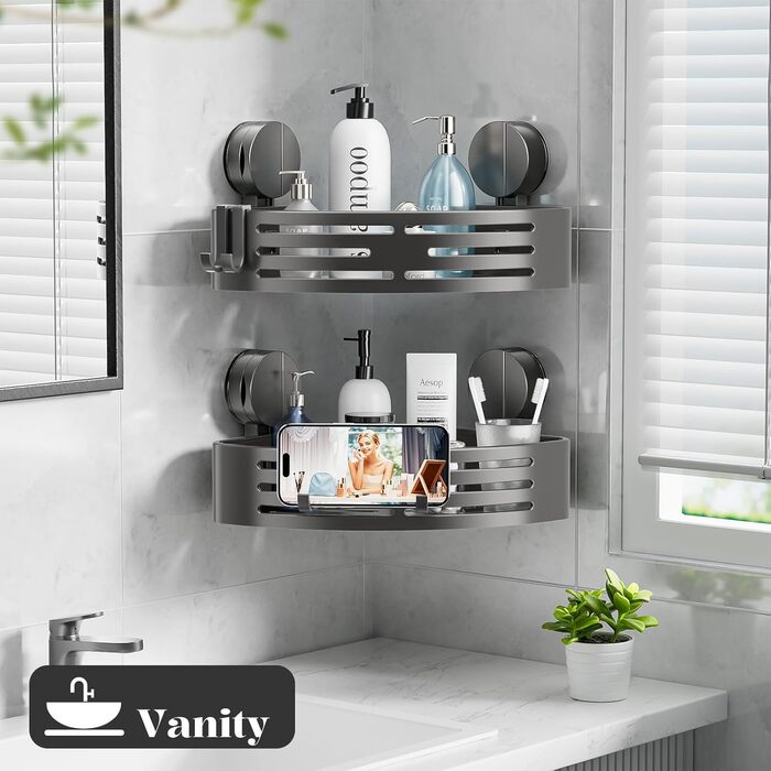 Поличка для душу ONXE на присоску, без свердління, кутова, з гачками, з нержавіючої сталі, водонепроникна, з алюмінію, для зберігання у ванній кімнаті