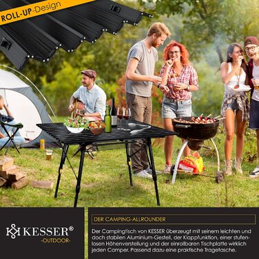 Стіл для кемпінгу KESSER® розкладний, з алюмінієвим каркасом, регулювання висоти, 120x70 см, до 100 кг, з сумкою та кишенькою, чорний