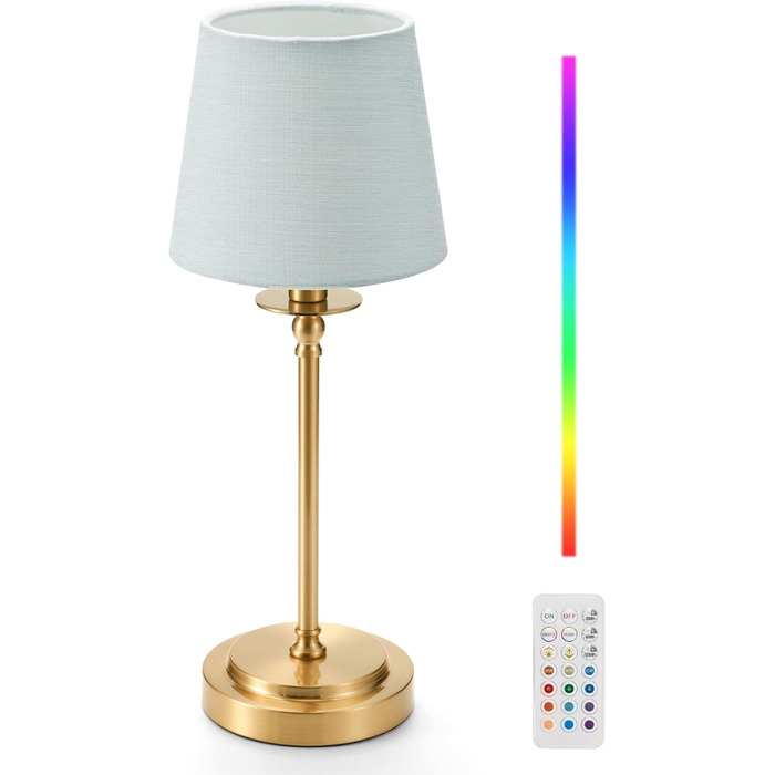 Акумуляторна настільна лампа: портативна, бездротова з регулюванням яскравості, для дому та саду, абажур з льону, античне біле металу, RGB синій абажур
