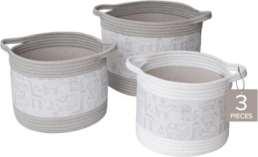 Decorative storage baskets with safari animal prints, set of 3 round fabric rope and linen organizers for children's rooms or playrooms, various sizes with easy-to-carry handles (Modern)