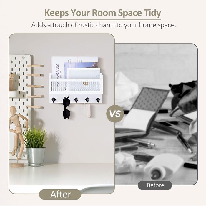 Brief and Key Holder for Wall Decoration, 27.9 cm (11 inches) Wooden Wall Key Organizer with 5 Key Hooks, Wall Mount, Storage Shelf for Entryway, Hallway (white)