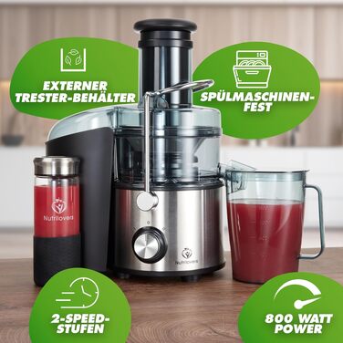 Центрифужна соковижималка Nutrilovers QUICK-JUICER MAX для овочів та фруктів, 800 Вт, XXL завантажувач, сталевий фільтр, зовнішній контейнер для м'якоті, BPA-free, з пляшкою та книгою рецептів