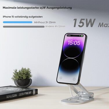 Магнітний бездротовий зарядний пристрій Minthouz Leap MR15 PRO, стійка-тримач з алюмінію з підтримкою швидкої зарядки 20W USB-C для iPhone 16, 15, 14, 13, 12 та AirPods Pro