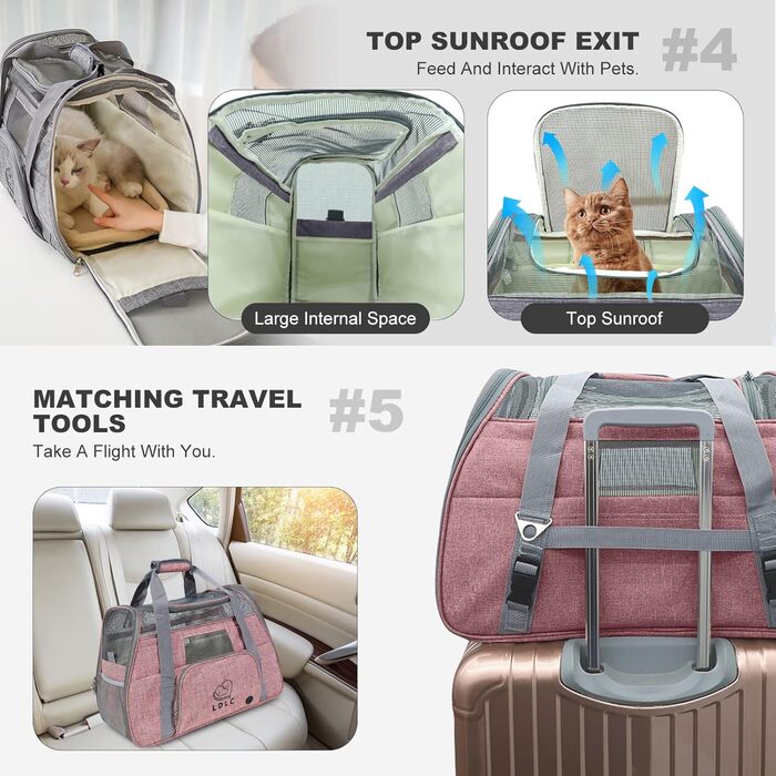 Транспортна переноска для собак та котів PETCUTE, переноска для тварин з м'яким матрацом, тканина Oxford, з регульованим ременем, відповідає стандартам авіакомпаній (Рожева, 51 x 23 x 35 см)