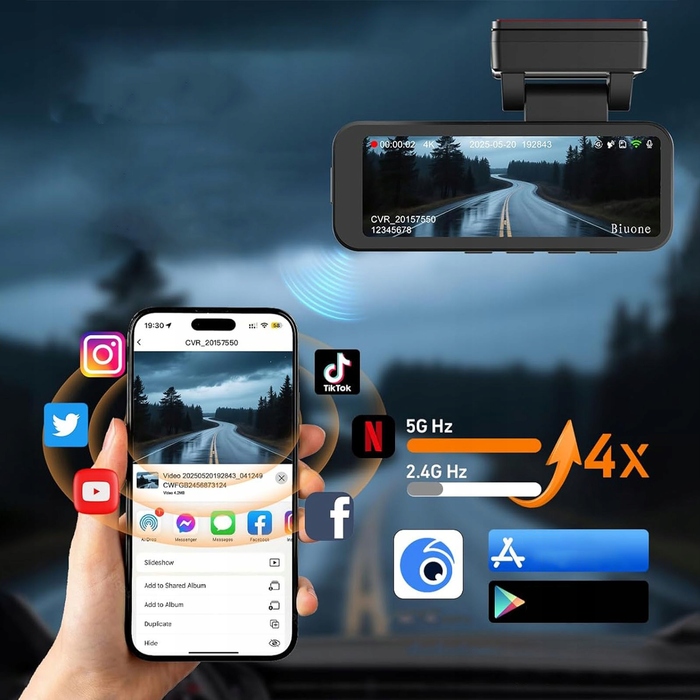 Автомобільний відеореєстратор 4K з GPS, Wi-Fi, G-сенсором та нічним баченням, передня та задня камери HD